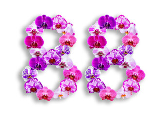 The shape of the number 88 is made of various kinds of orchid flowers. suitable for birthday, anniversary and memorial day templates