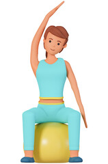 3d woman doing sport exercises on fitness ball illustration. Sportive woman doing fitness with ball 3d illustration