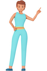 3d woman in sportswear pointing at side direction illustration. Sportive woman pointing with finger at side 3d illustration