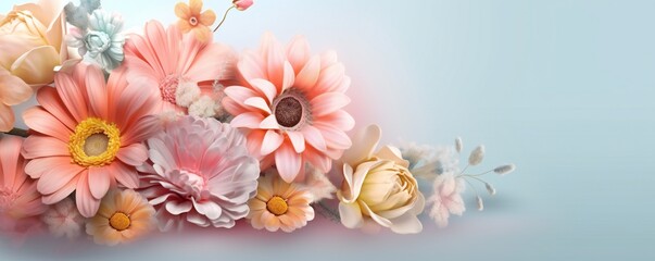 Panoramic colorful flowers floral background banner composition Generative AI 