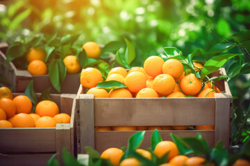 Wooden boxes full of freshly picked tangerines in front of mandarin trees on plantation. Generative AI.