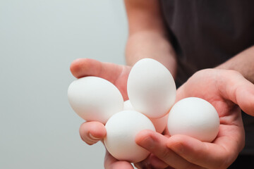 Farmer with fresh organic eggs. Human hands hold a chicken eggs