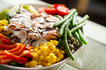 grilled chicken with vegetables, salad