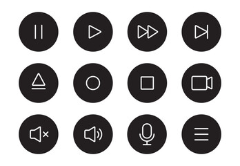 Audio sound, video player button line icon. Music play, sound mute, pause button thin editable line icon set. Microphone, camera, audio pictogram. Vector illustration.