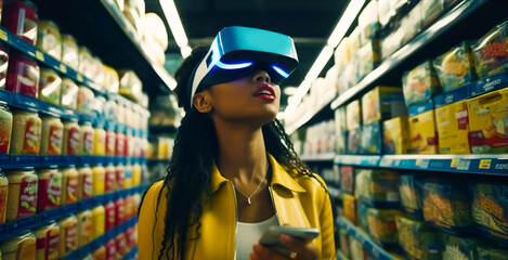 person wearing vr glass,virtual reality headsets and using virtual assistant or panel interface hologram transparent for shopping product.technology development.generative ai technology