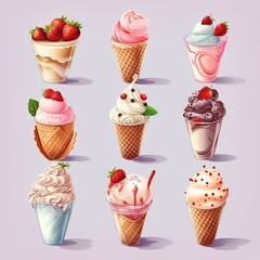 Set of different types of ice cream,Vanilla ice cream in waffle cone,AI generated.