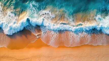 Fototapeta premium Top view sea on beach,Ocean beach with soft waves,AI generated.