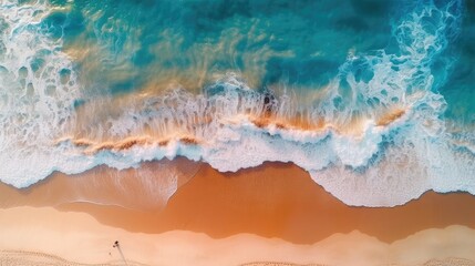 Naklejka premium Sea waves on the beach,Aerial top down view of waves on the beach as a background,AI generated.
