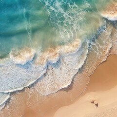 Fototapeta na wymiar Clean ocean waves breaking on white sand beach Aerial view,AI generated.