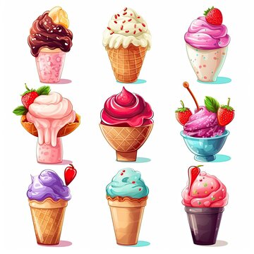 Set of different types of ice cream,Ice Cream cone,AI generated.
