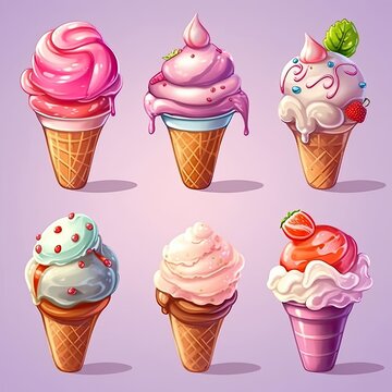 Ice Cream cone Set, Collection of cut out different illustrations of group refreshing scoop ball ice creams in waffle cones,AI generated.