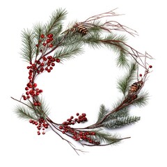 Top view of tree branches red berries and pine cones, Christmas ornaments with copy space on white background, Ideal for texts, invitations or greeting cards.