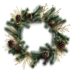 Festive round frame Christmas tree branches, pinecone and red berries, Concept minimalist Christmas and new year,AI generated.