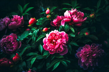pink peonies with greens and leaves in a bed