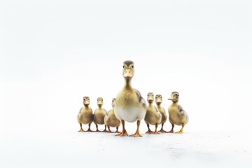 Duck with little ducklings on white background,AI generated.