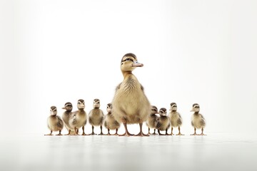 Cute duck and young duckling animals,Family walking on white background, Funny yellow group,AI generated.