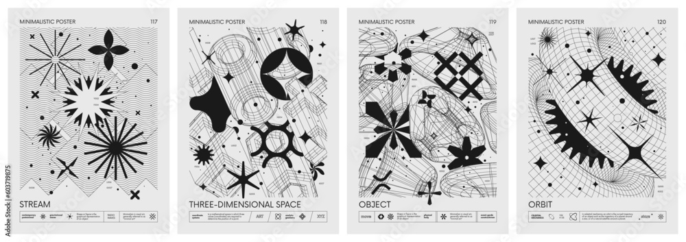 Poster futuristic retro vector minimalistic posters with 3d strange wireframes form graphic of geometrical 