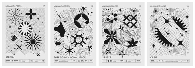 Futuristic retro vector minimalistic Posters with 3d strange wireframes form graphic of geometrical shapes modern design inspired by brutalism and silhouette basic figures, set 30