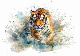 Watercolor abstract illustration of a tiger.Tiger in action, colorful paint splatter, isolated on white background. Generative AI.