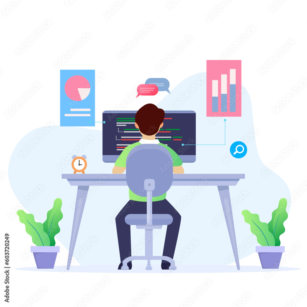 Poster data analysis design concept. analysts working. people and laptop screen with data analysis graphs a