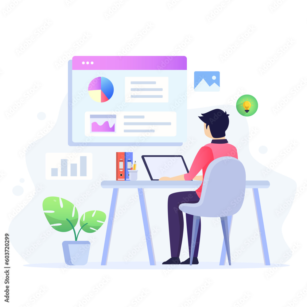 Poster data analysis design concept. analysts working. people and laptop screen with data analysis graphs a