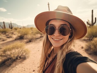  Glückliche Wanderin auf Sommerurlaub. Frau mit Hut und Sonnenbrille macht Selfie in der schönen Wüstendünenlandschaft mit kaktus, generative AI.