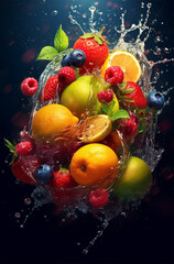 fresh multi fruits splashing into blue clear water splash, healthy food diet freshness concept