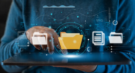 Human use tablet with online cloud document file management, information, system, DMS, online documentation database, manage files, enterprise with ERP.search and manage document business technology © JOURNEY STUDIO7