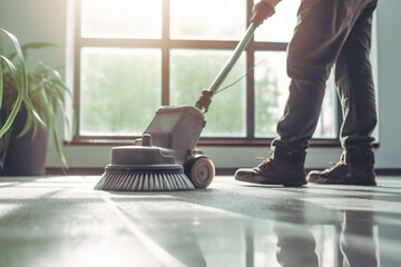Closeup of janitor cleaning floor with polishing machine indoors. Scrubber machine for stone or parquet floor cleaning. Generative AI