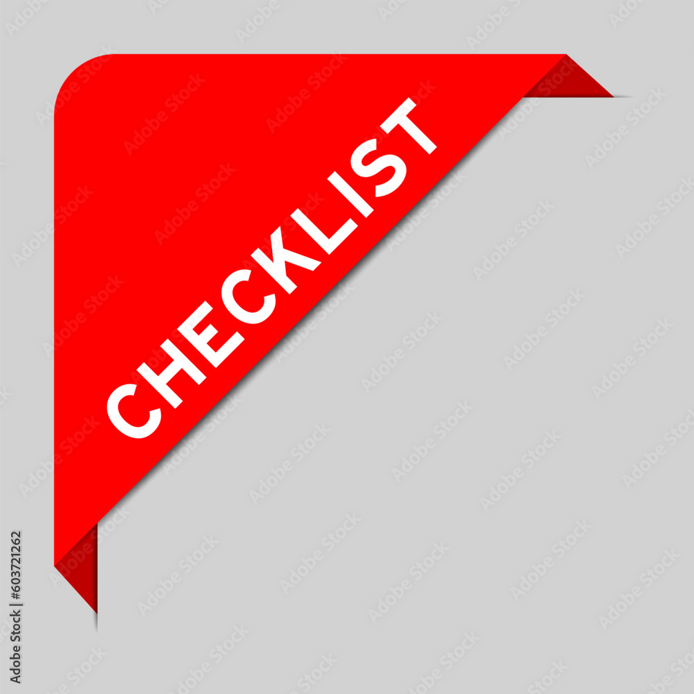 Sticker Red color of corner label banner with word checklist on gray background