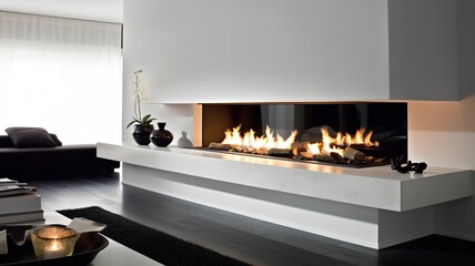 a beautiful house, in which the fireplace is given a lot of attention, impressive design, modern and clean