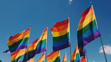 Pride Flags outdoor with a blue sky in the background - Generative AI