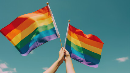 People holding pride flags up in the air cheering - Generative AI