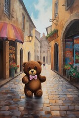 A teddy bear exploring a quaint cobblestone street in a charming European tow