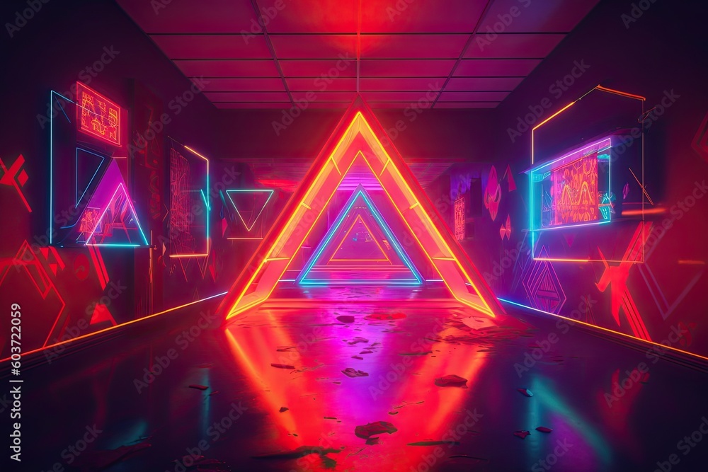 Poster abstract futuristic colorful neon triangle tunnel technological background.ai generated