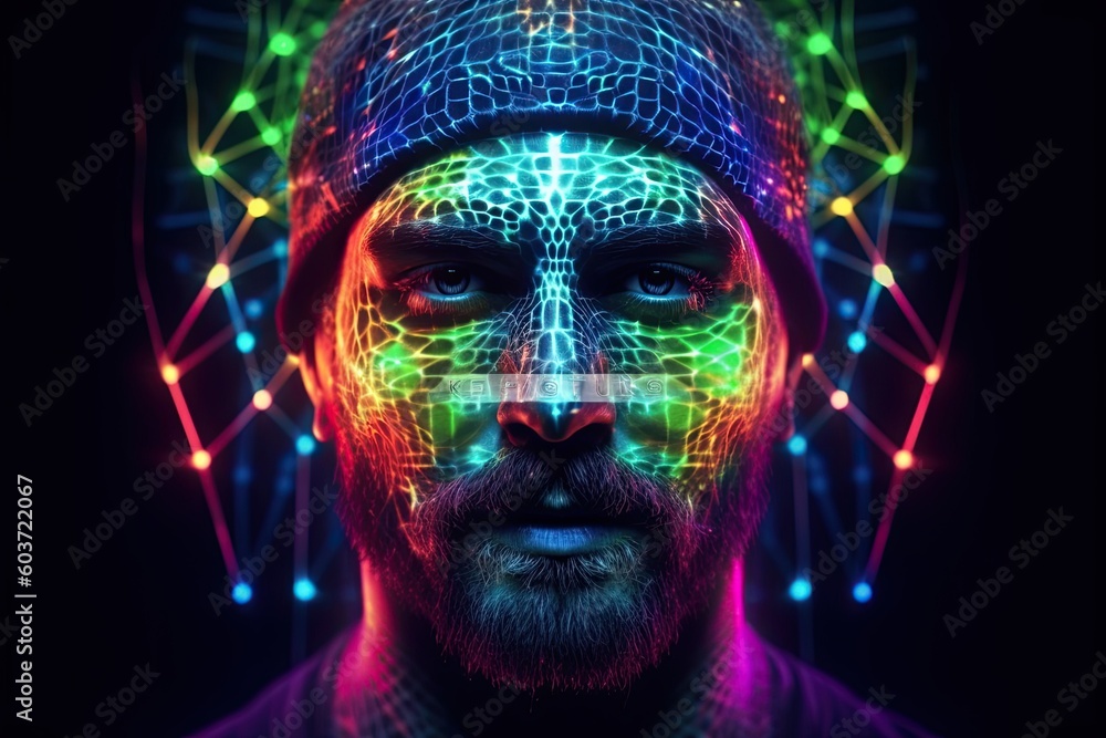 Poster colorful artificial intelligence in human head with neural network thinks. ai with digital brain is 