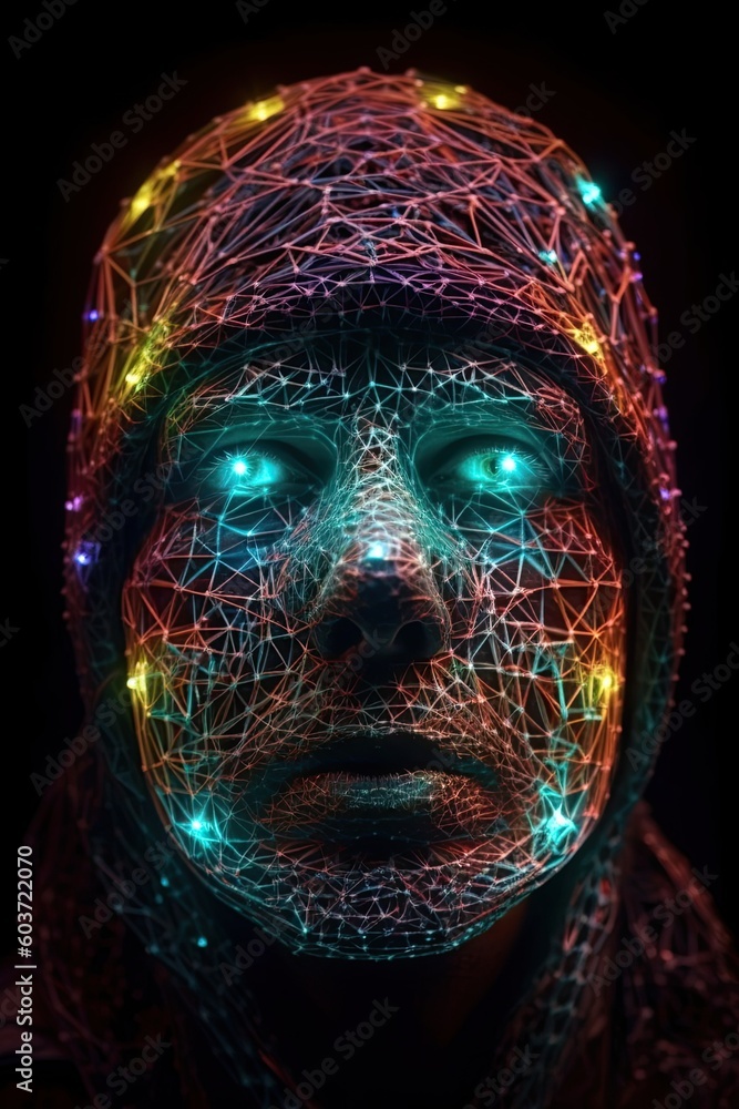 Poster colorful artificial intelligence in humanoid head with neural network thinks. ai with digital brain 
