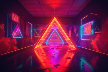 Abstract futuristic colorful Neon Triangle Tunnel Technological background.AI Generated