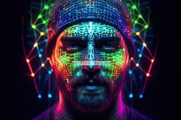 Colorful Artificial intelligence in human head with neural network thinks. AI with Digital Brain is learning processing big data, analysis information. Face of cyber mind