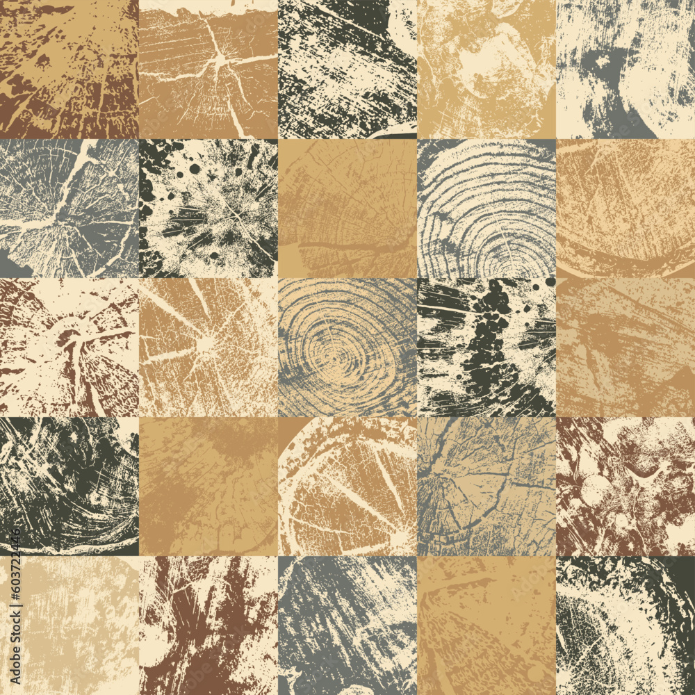 Poster abstract seamless pattern consisting of square elements of wood saw cuts and cross-sections of tree 