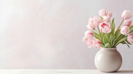 Pink tulips in white ceramic vase on wooden table on background white wall. Generative AI.