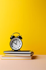 stack of books and clock on yellow background created with AI generative technology