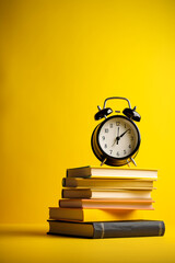 stack of books and clock on yellow background created with AI generative technology