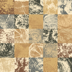 Abstract seamless pattern consisting of square elements of wood saw cuts and cross-sections of tree trunks. Vector mosaic background with various wooden textures of different colors in grunge style.