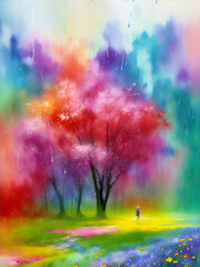 Fototapeta na wymiar Flower meadow at rain. AI generated illustration