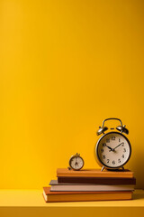 stack of books and clock on yellow background created with AI generative technology