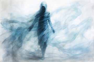 Ghost With a White Background. Generative AI.
A digital painting of a bluish ghost in a mist with a white background.