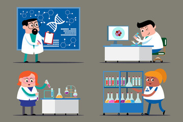 emotion cute vector, illustration flat cartoon character set of doctor working. scientist lab worker, chemical researcher.