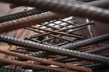 A lot of crossed steel reinforcement close-up