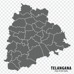 Blank map State  Telangana of India. High quality map Telangana with municipalities on transparent background for your web site design, logo, app, UI. Republic of India.  EPS10.